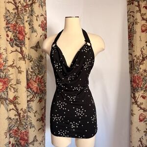 Vanity Y2k stunning black and white star cowl neck halter top with hoop details